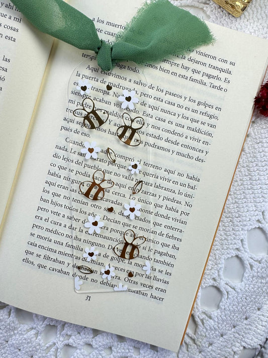 Marcador de livro em acrílico Abelhas flores brancas